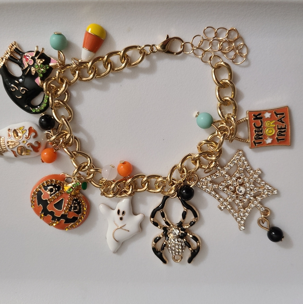 Halloween Charm Bracelet Enamel Rhinestones Pumpkin Spider Web Cat Ghost Candy